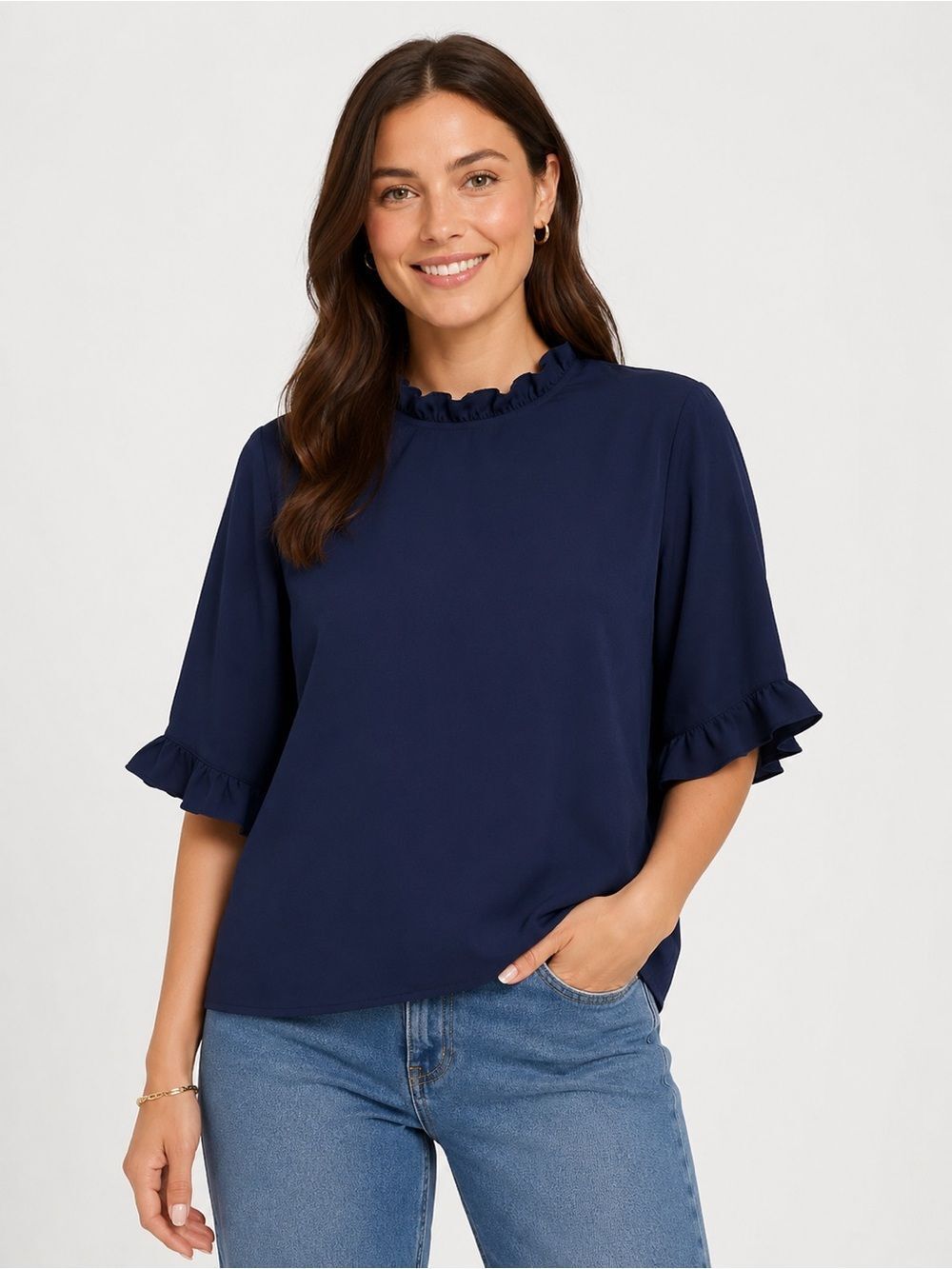 Evaless Ruffle-Neck Navy Blouse with Short Ruffle Sleeves